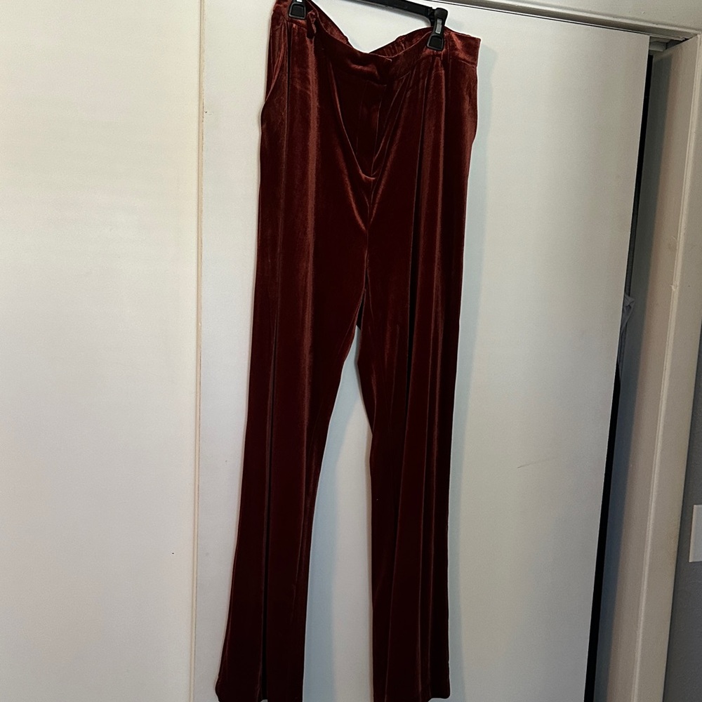 Skies Are Blue Velvet Wide-Leg pant suit in Wine/rust in appearance.